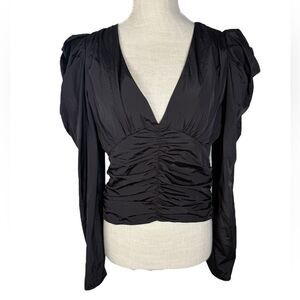 DO + BE Black Puff Shoulder Ruched V Neck Long Sleeve Cropped Top